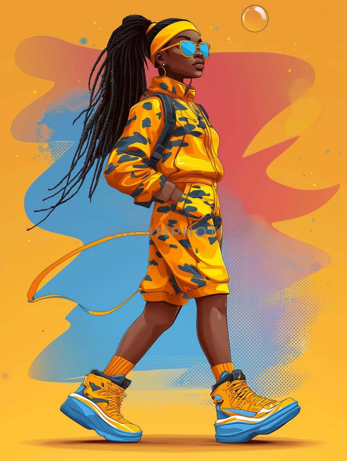 Bold illustration of a young woman dressed in yellow and blue streetwear, featuring oversized sneakers and accessories, embodying modern urban fashion and confidence.