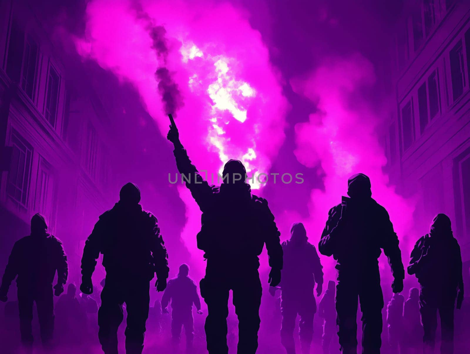 Silhouettes of protesters in a dark street holding a purple smoke flare, symbolizing resistance, unity, and activism in an urban demonstration.