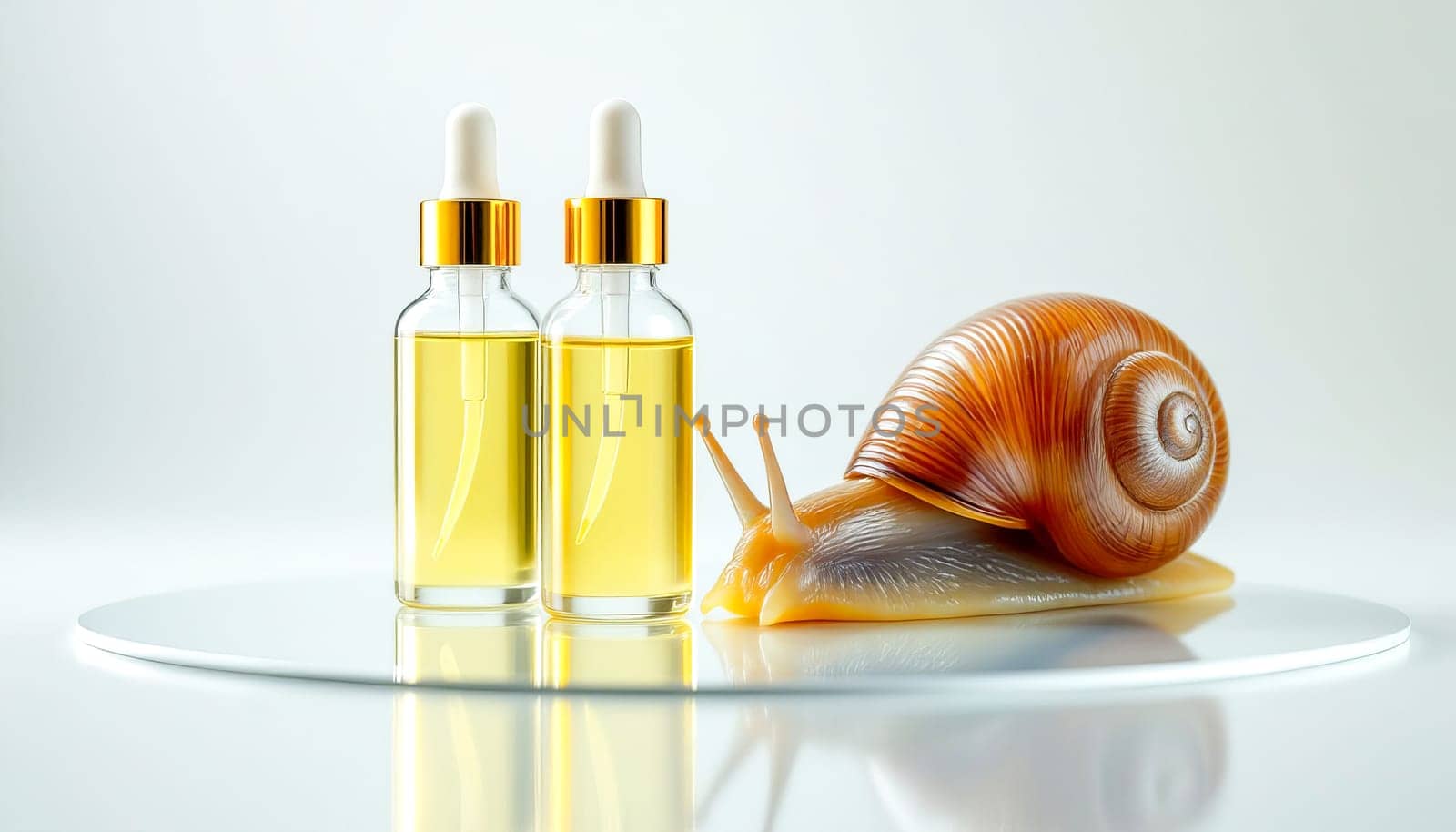 Two bottles with serum with snail mucin and one large snail on a mirror surface, white background. Organic natural cosmetics.
