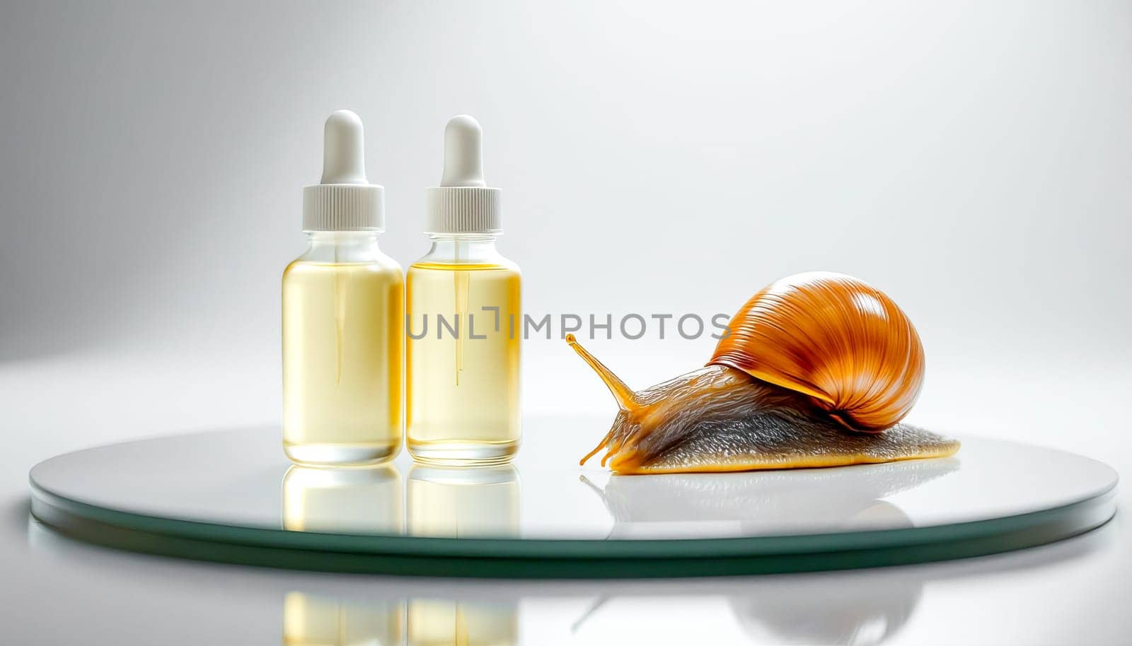 Two bottles with serum with snail mucin and one large snail on a mirror surface, white background. Organic natural cosmetics.