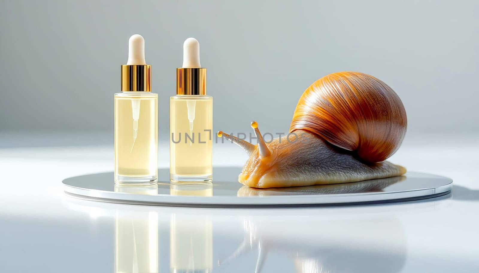 Two bottles with serum with snail mucin and one large snail on a mirror surface, white background. Organic natural cosmetics.