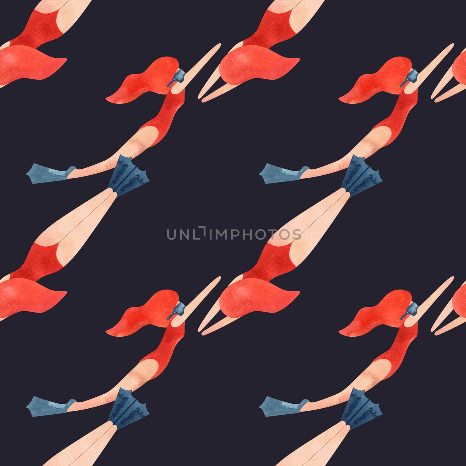 Seamless pattern with floating women in vintage style. Swimming. Watercolor illustration on black background.