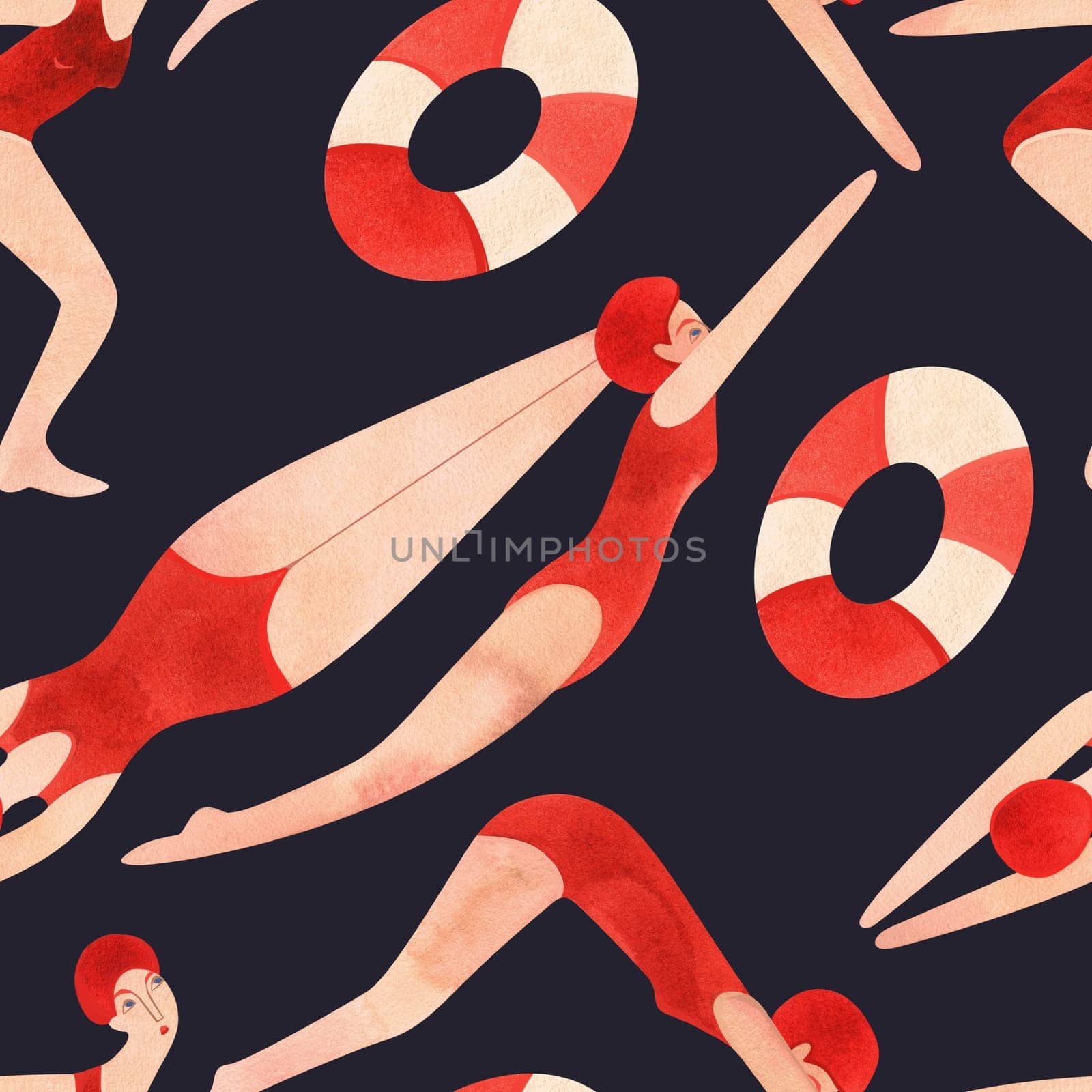 An athlete, a woman in a red swimsuit and a red cap is swimming. Seamless watercolor pattern, hand drawn. Black background.