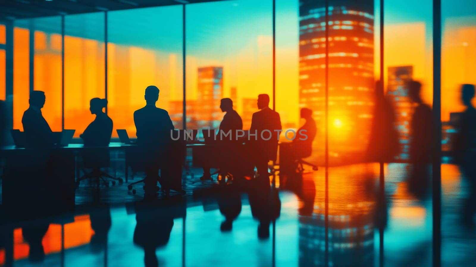 The meeting hall is illuminated by the rays of the setting sun. Colleagues are holding a meeting. High quality photo