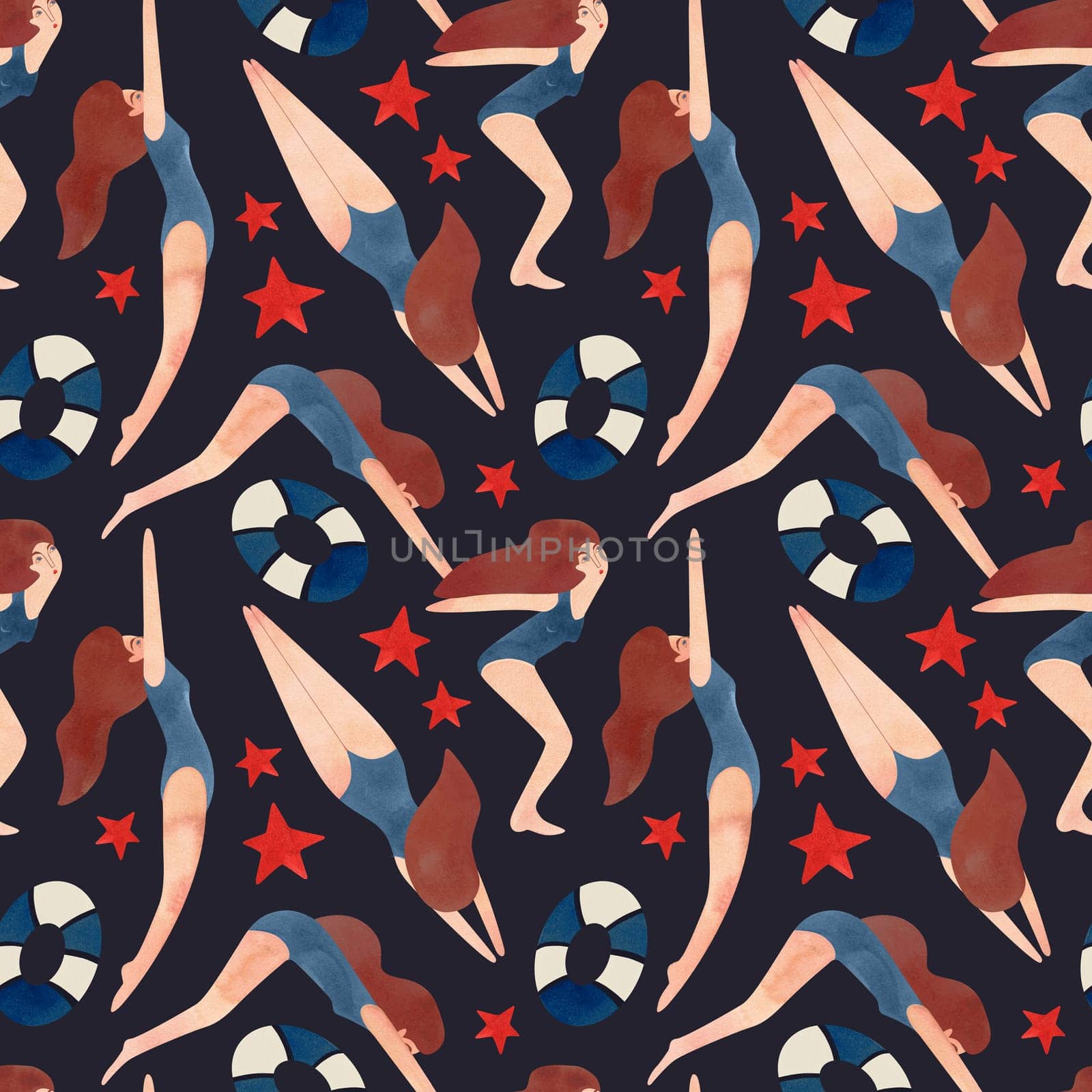 Seamless pattern with floating women in vintage style. Swimming. Watercolor illustration on black background.