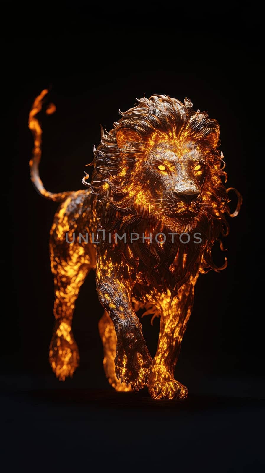 Majestic lion surrounded by fiery, golden flames, creating a powerful, mystical atmosphere. isolated dark background..
