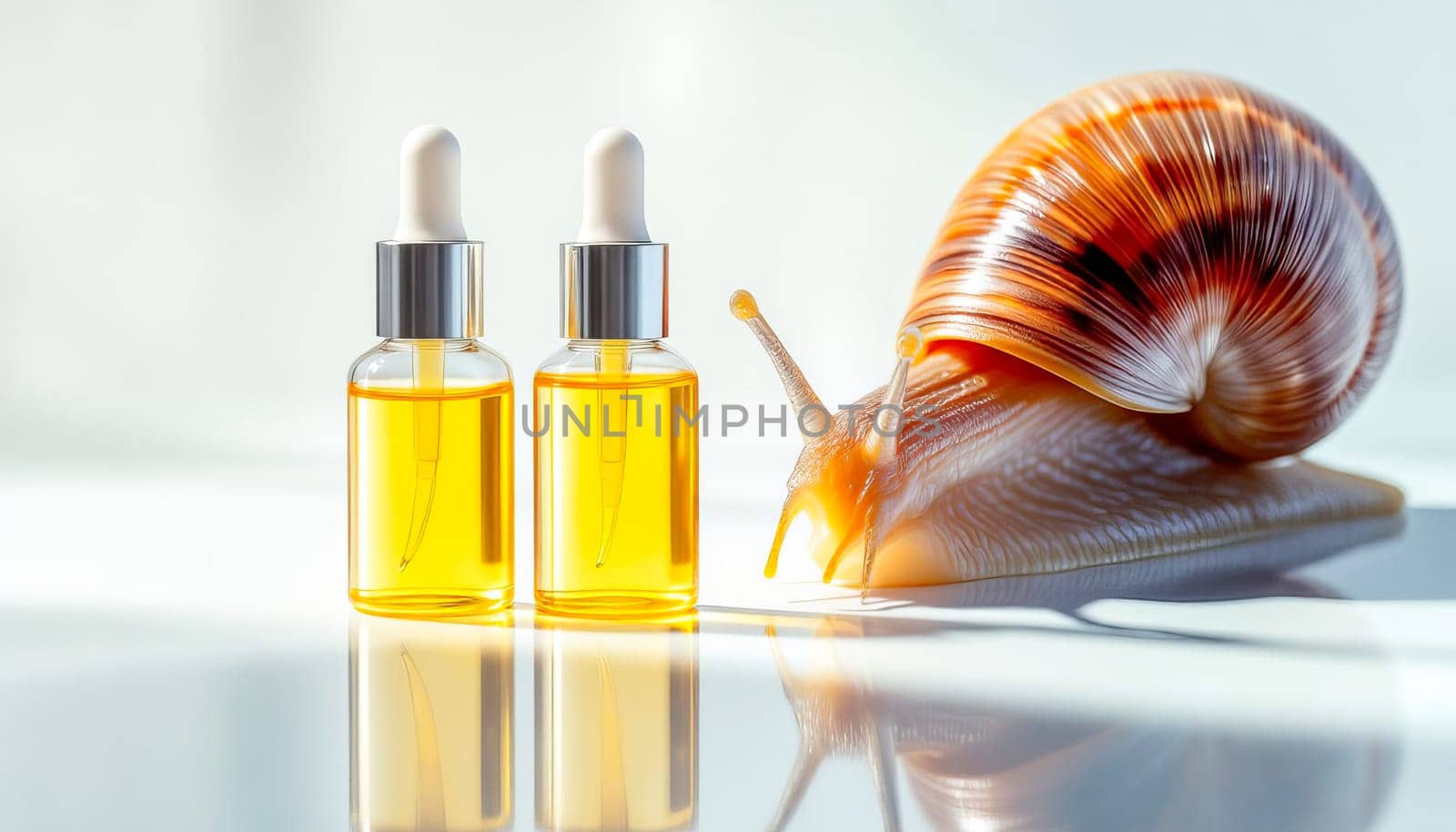 Two bottles with serum with snail mucin and one large snail on a mirror surface, white background. Organic natural cosmetics.