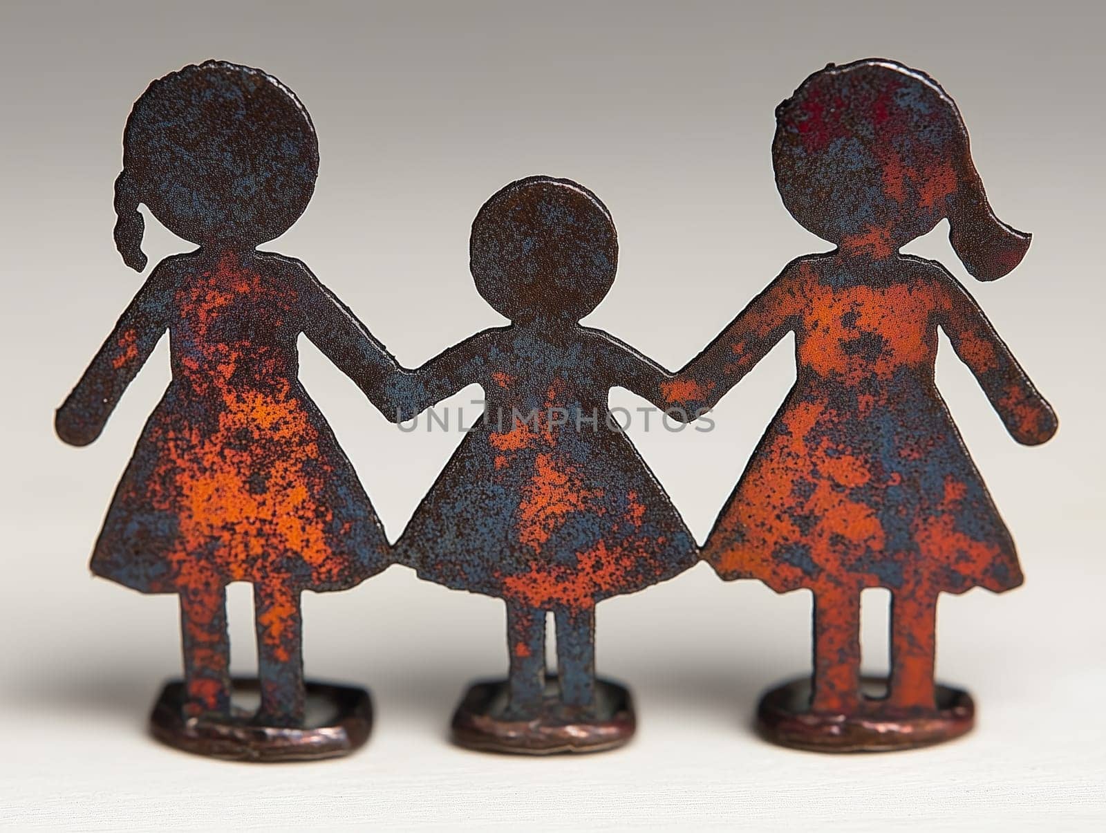 Three rusted metal figurines of people holding hands, symbolizing unity, family, and connection, with a weathered, rustic appearance.