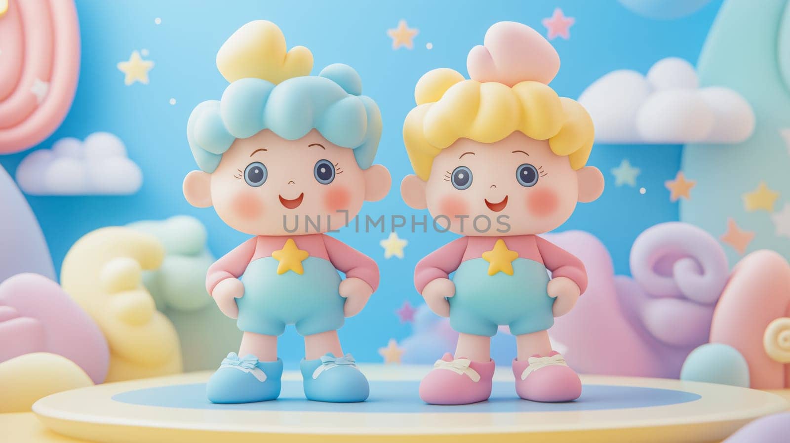 Two whimsical 3d figurines of identical twin characters with bright outfits and star motifs stand against a soft, pastel backdrop. the joyful expressions and vibrant colors create a playful and imaginative atmosphere.