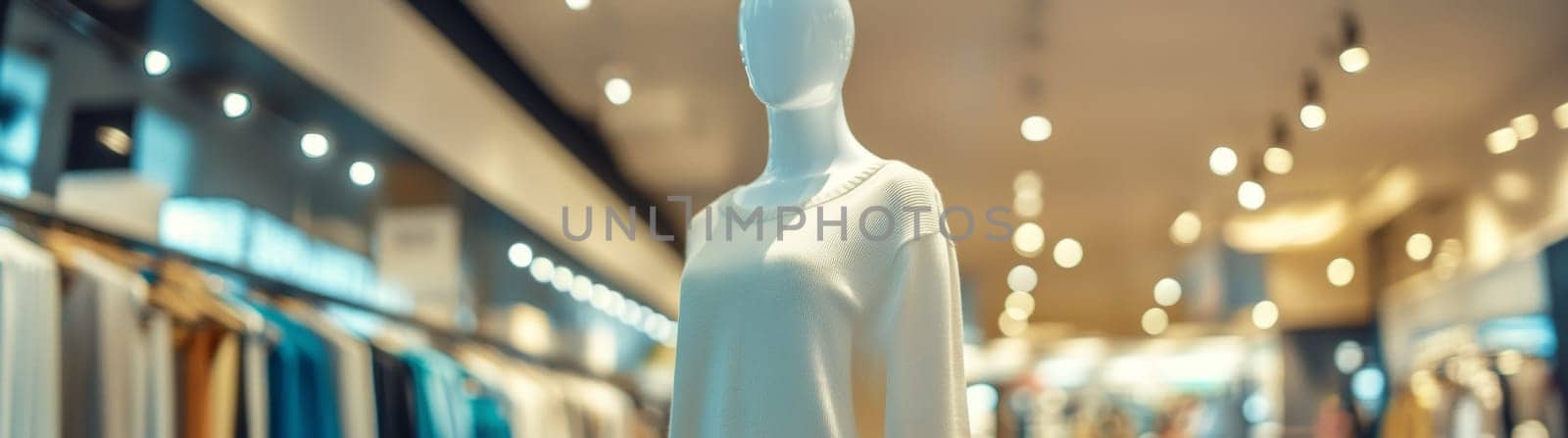 A woman's mannequin stands in front of a clothing store. High quality photo