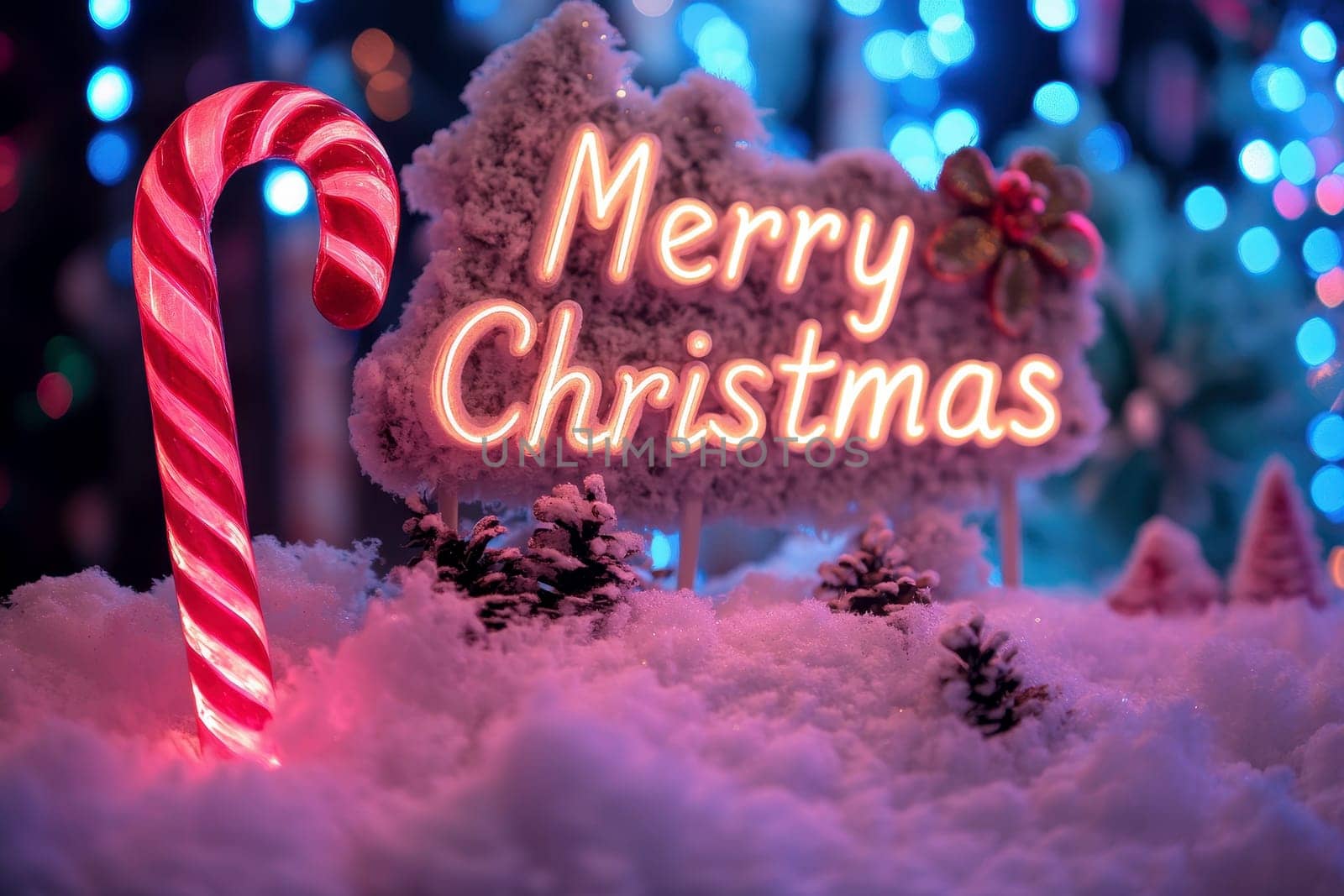 Festive merry Christmas text decorations with candy cane and sparkling lights, winter theme. High quality illustration