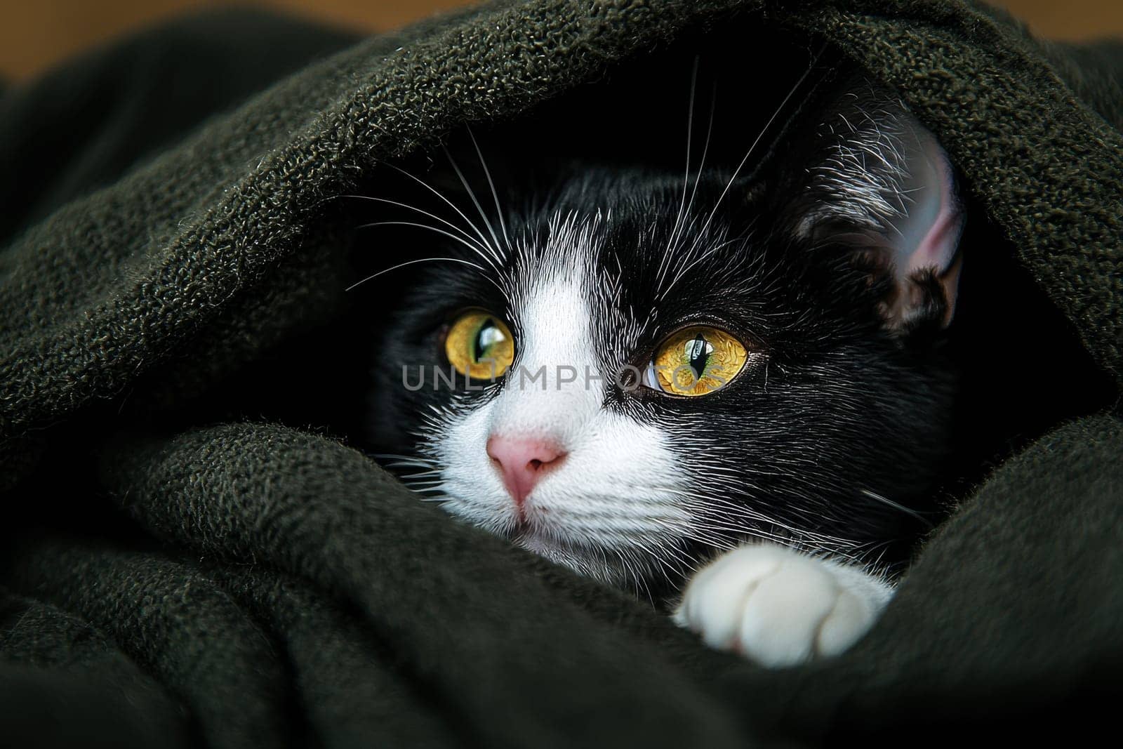 Cute tabby cat hiding under blanket looking at camera, cozy and peaceful atmosphere concept. ai generative.
