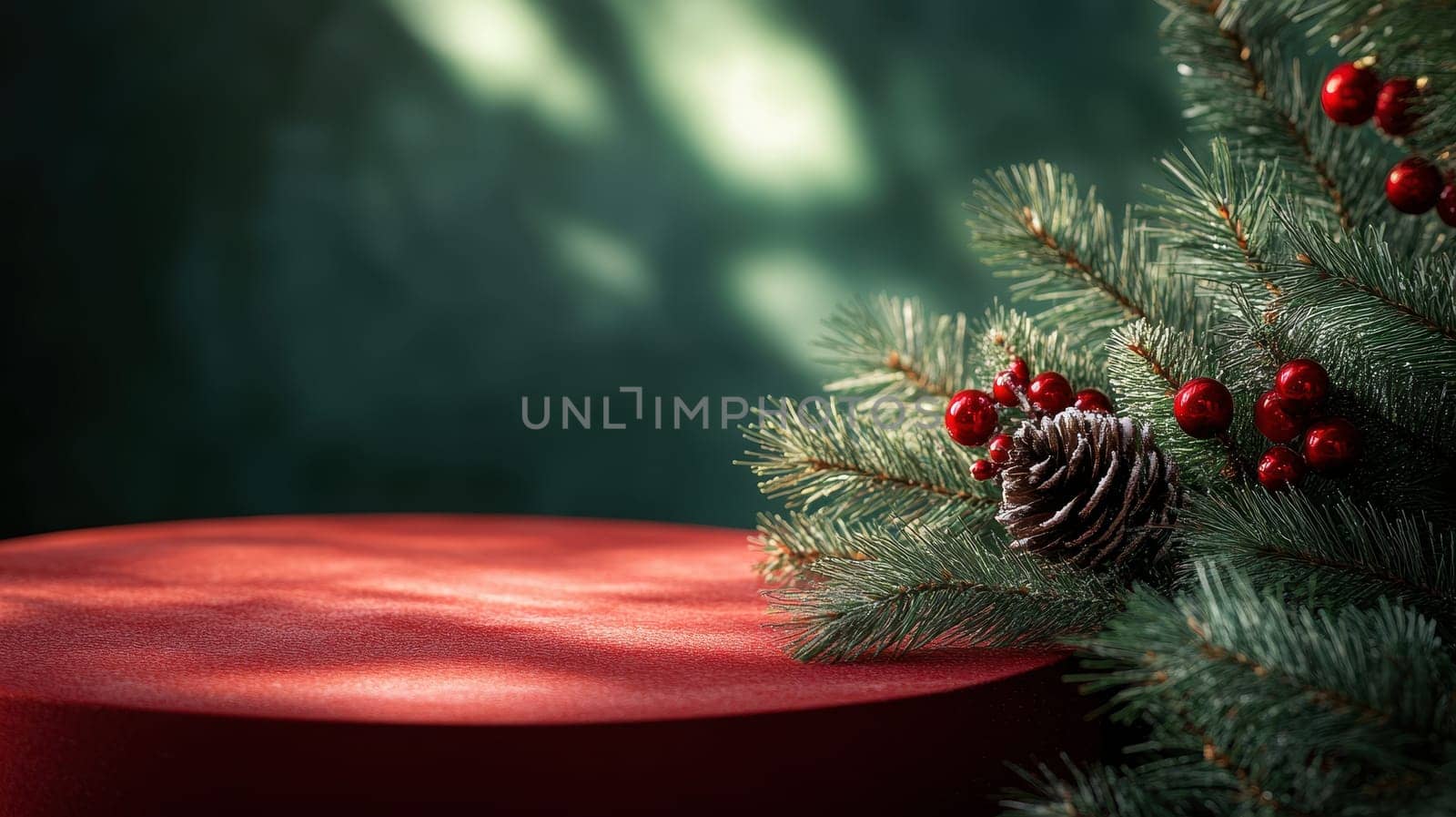 Empty red podium for product photography. Shiny blurred background with bokeh, baubles, decorated Christmas tree and spruce branches. Mockup pedestal on a table..