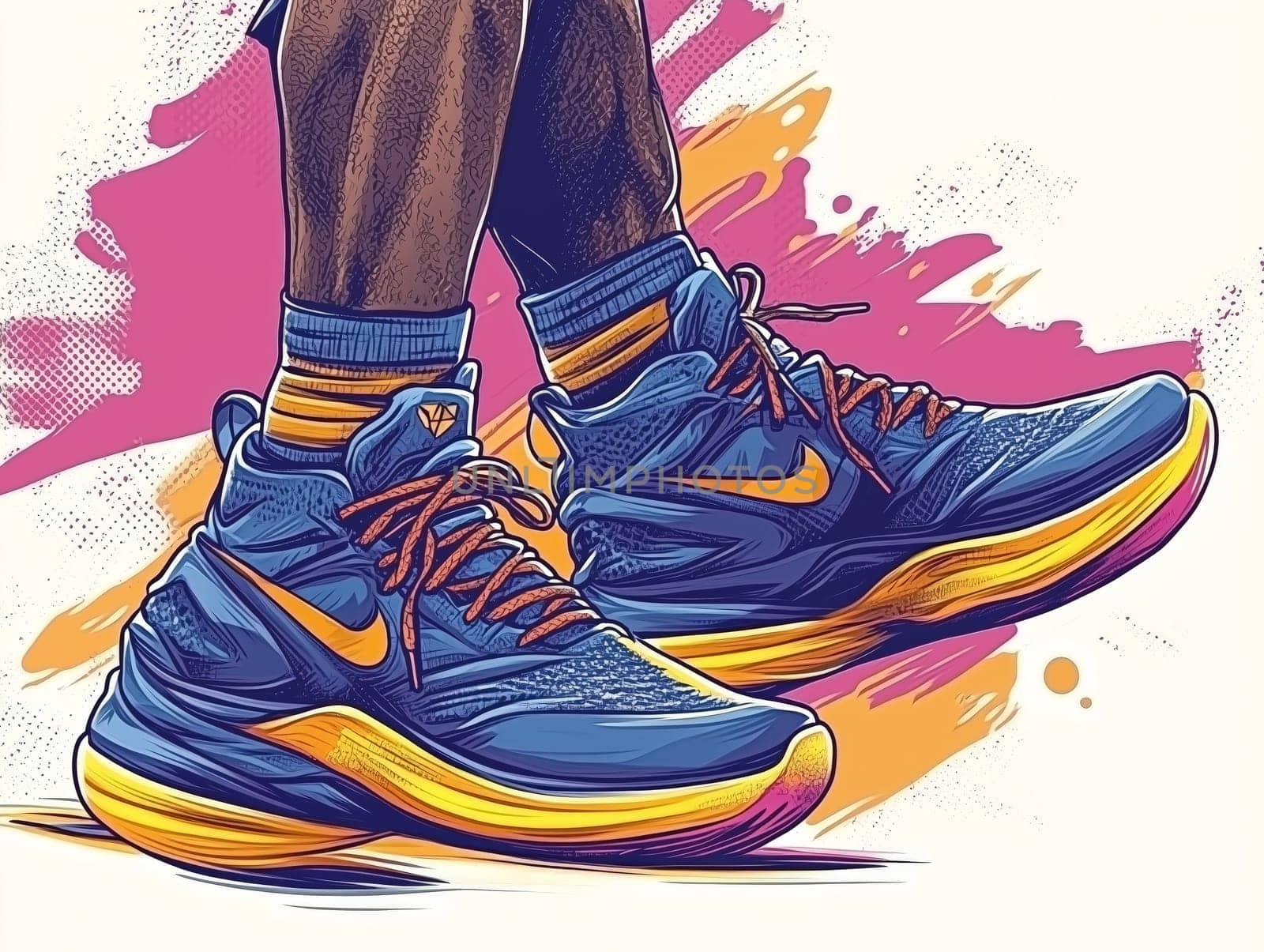 Vibrant illustration of athletic sneakers in bold blue and yellow hues, capturing movement and urban street style with expressive brush strokes and dynamic energy.