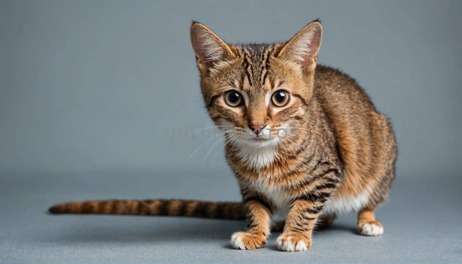 A brown tabby cat sits on a gray background. The cat has white paws and a white patch on its chest. The cat is looking directly at the camera.
