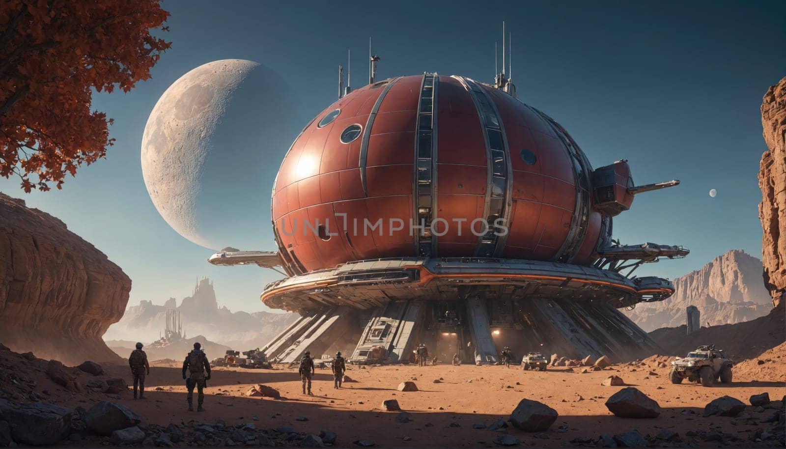 A large, round spaceship, with a dome-shaped top, rests on a desert planet. In the foreground, several figures stand in front of the ship, looking up at it.