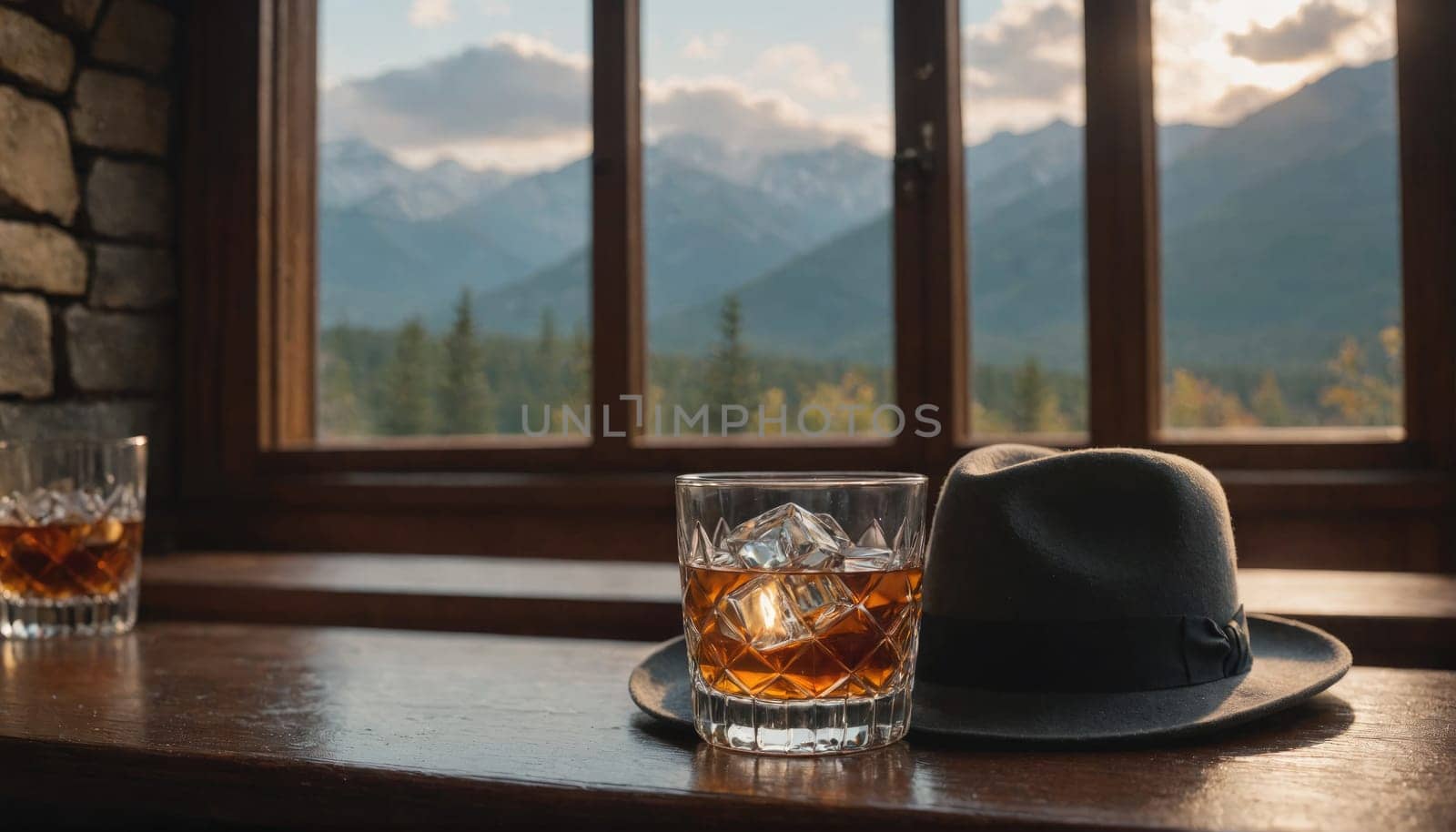 A glass of whiskey sits on a wooden table in front of a large window, a fedora hat placed beside it. Through the window, you can see a view of mountains and trees.