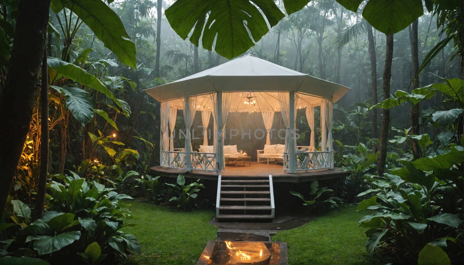 A white gazebo with a wooden deck and steps sits in the middle of a dense green jungle. It has a white canopy and white curtains.