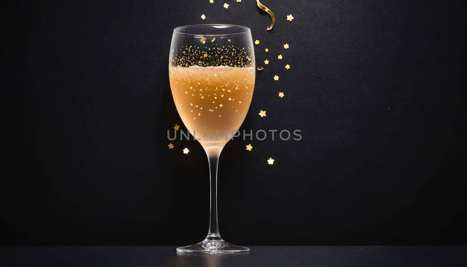 A glass of champagne sits on a black table, surrounded by gold confetti. The confetti is in the shape of stars.