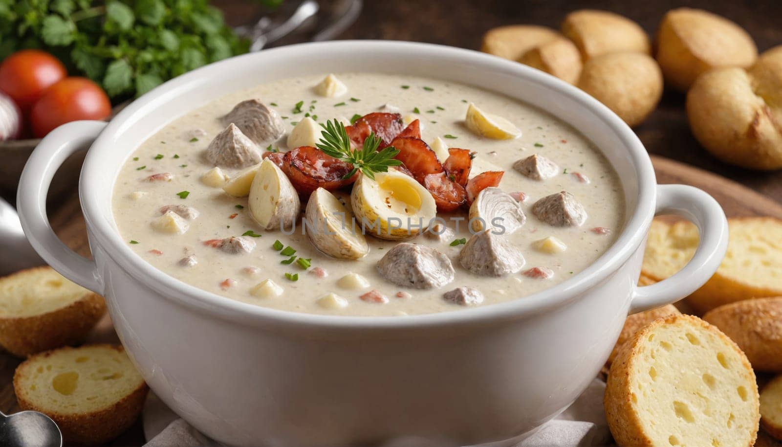 A white bowl of creamy soup with potatoes, tomatoes, and eggs on top, surrounded by crusty rolls.