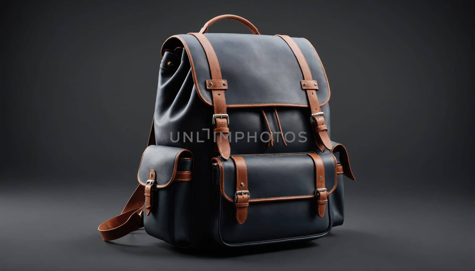 A black leather backpack with brown accents sits on a gray surface. The backpack has a flap with buckles, two side pockets, and a zippered main compartment.