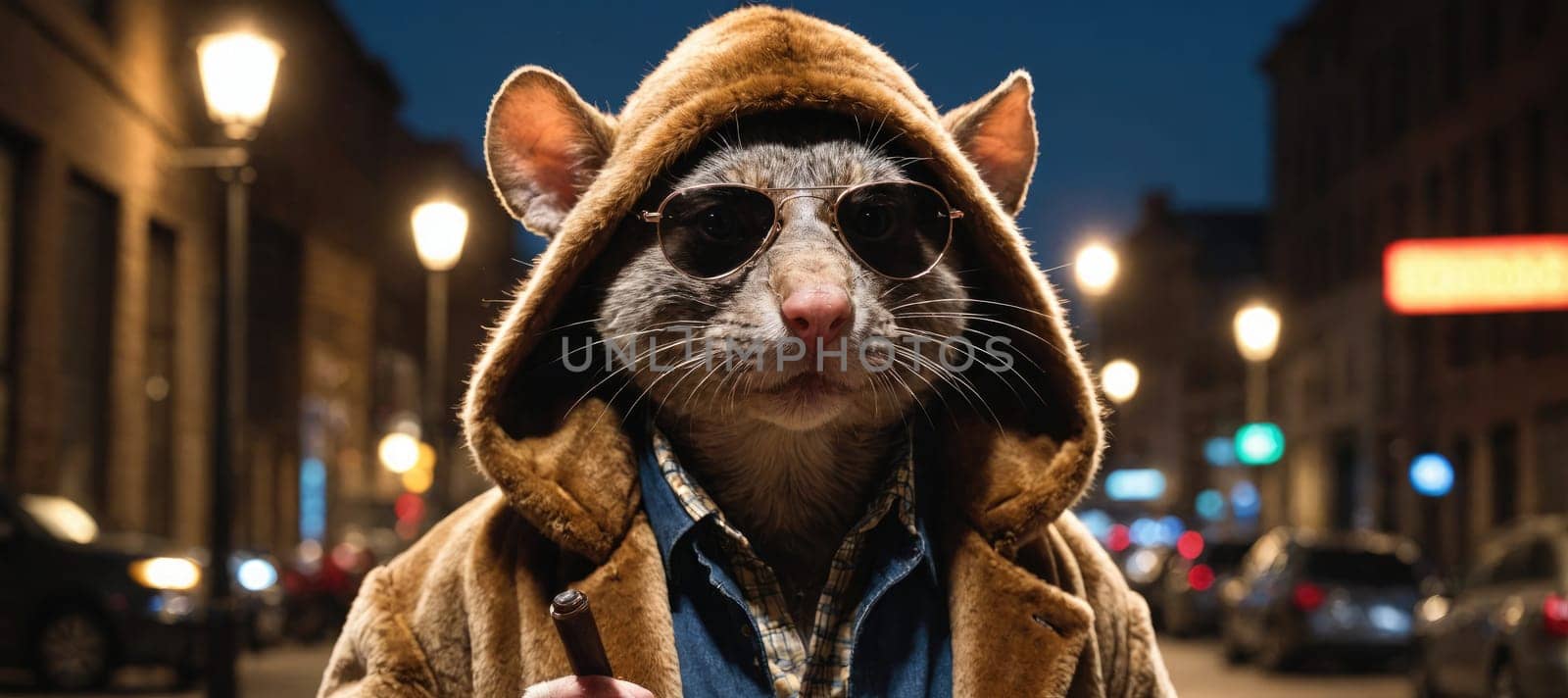 A rat, wearing a brown coat with a hood and sunglasses, walks down a city street at night. Streetlights illuminate the scene.