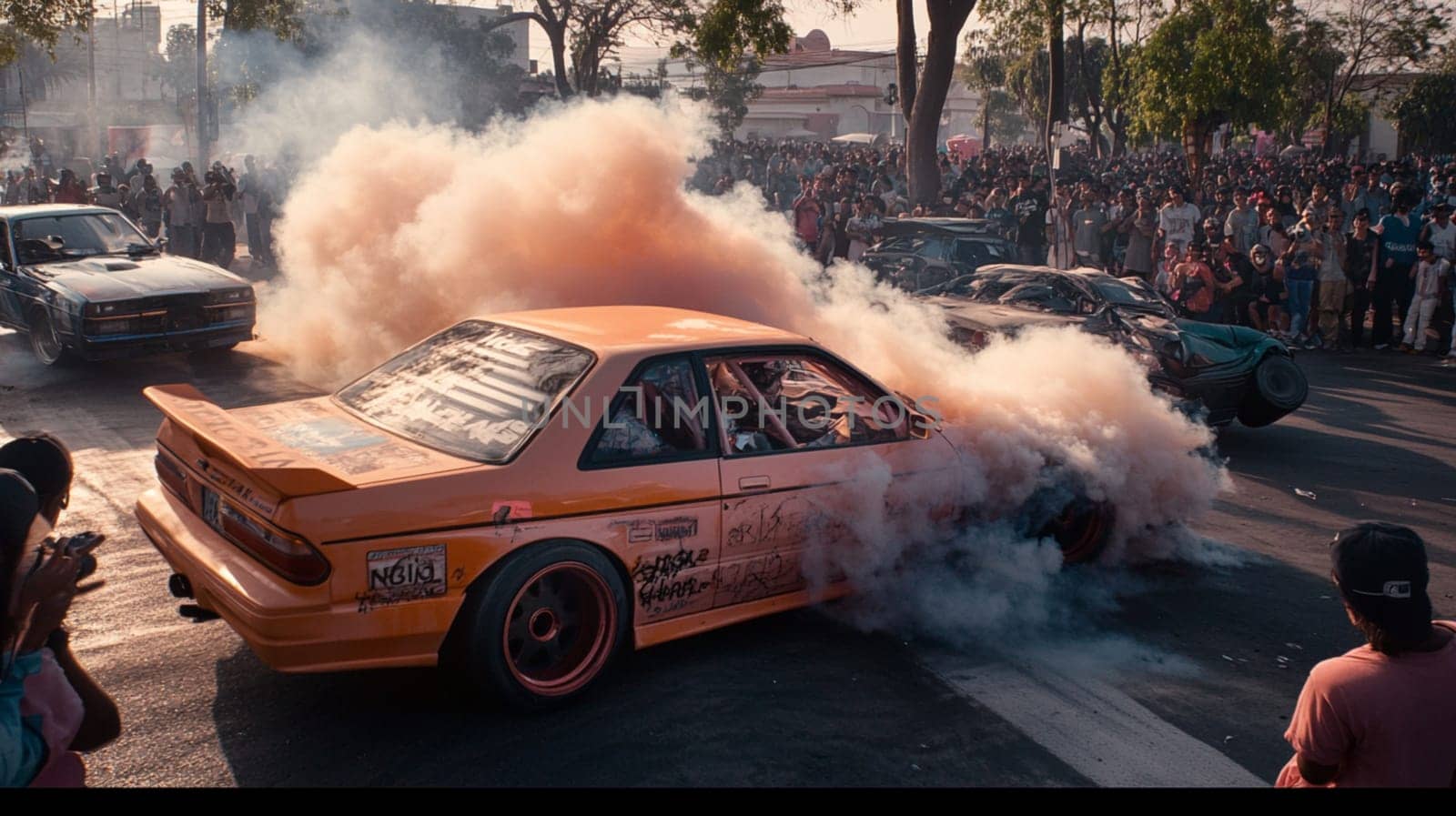 Powerful sports cars race through city streets at sunset, leaving a trail of smoke, thrilling spectators with high speed action