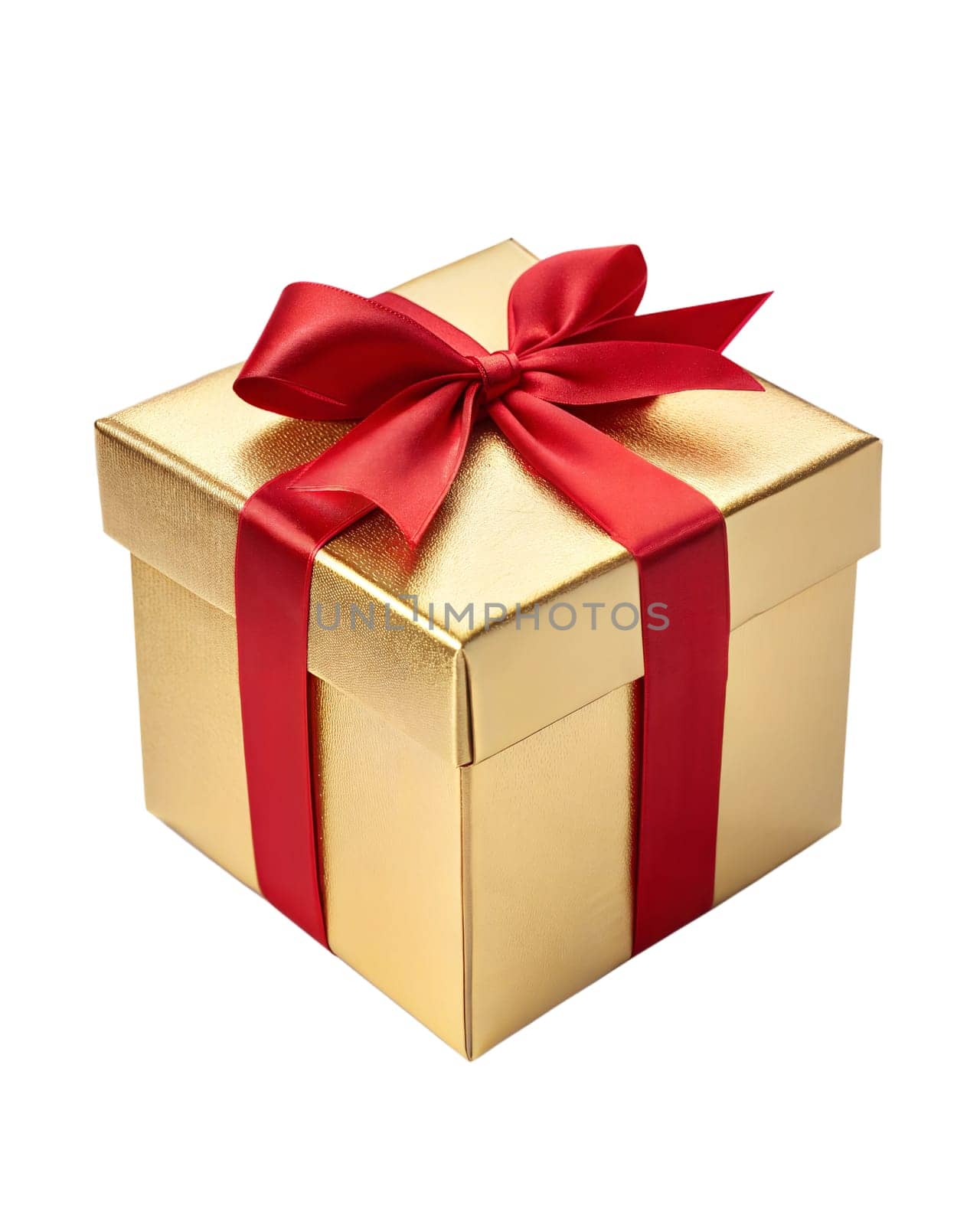 Golden gift box with red ribbon and bow isolated on white background. Present box for Christmas, Birthday or Anniversary.