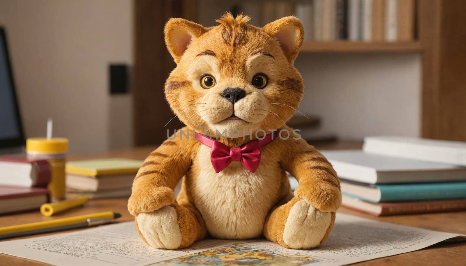 A plush toy tiger wearing a red bow tie sits on a wooden desk with books and a yellow pencil.