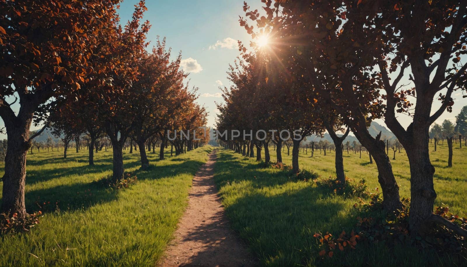 A path lined with trees leads to a distant point in a field. The sun shines through the branches, casting long shadows on the grass.