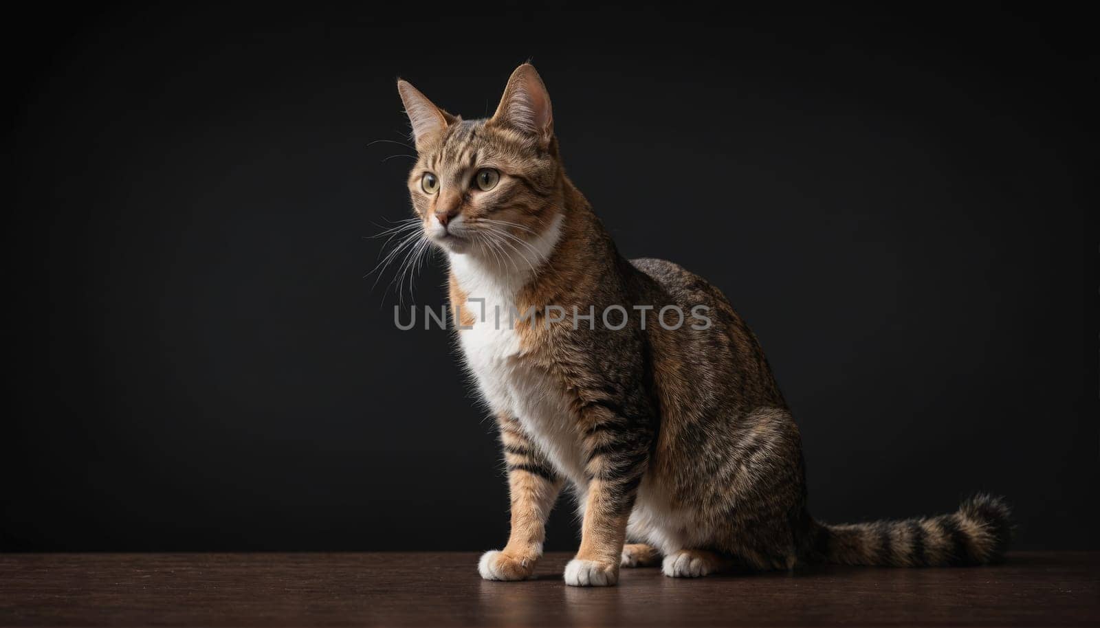 A tabby cat with white paws and chest sits on a wooden table with a dark background. It is looking up and its tail is wrapped around its back legs.
