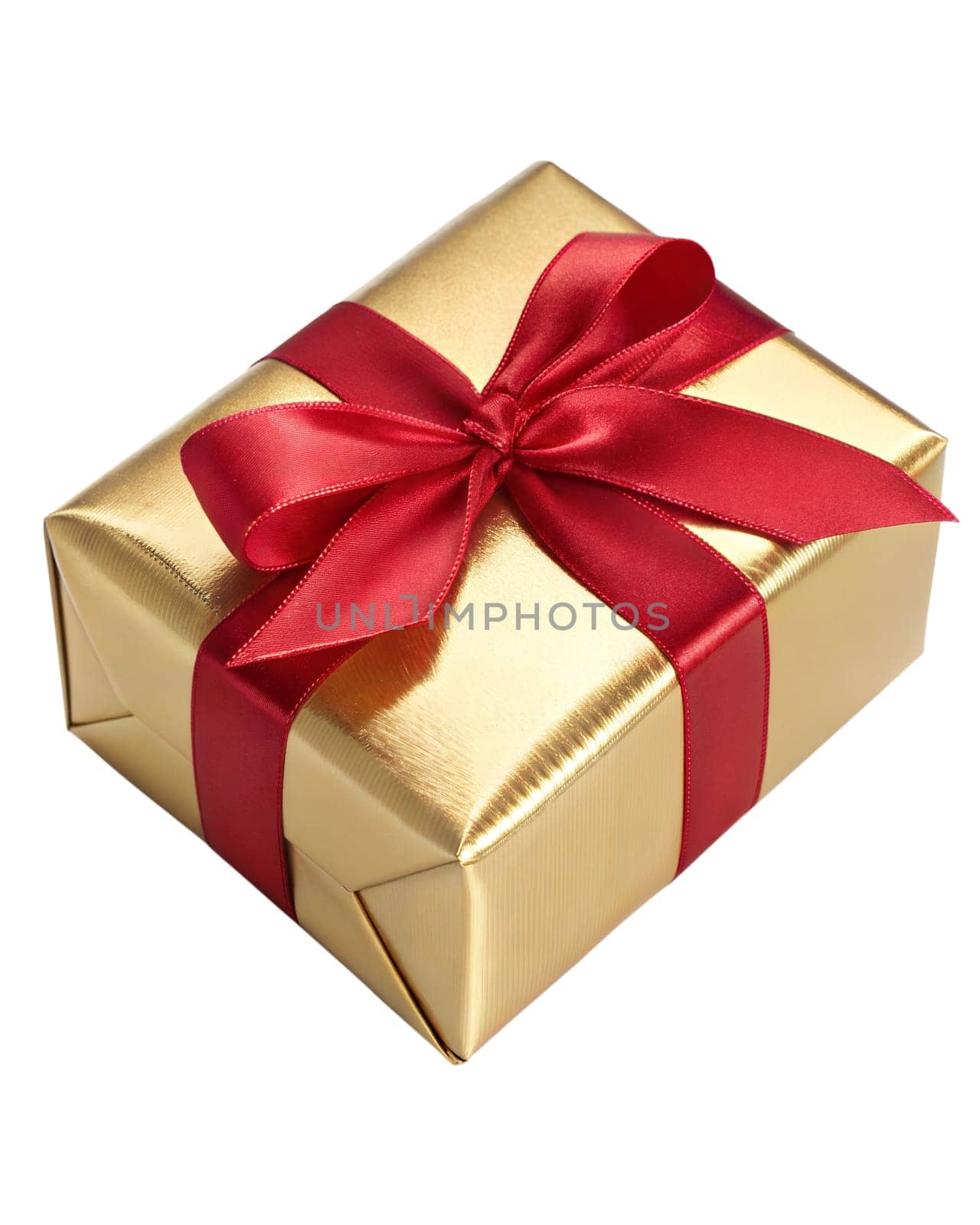 Golden gift box with red ribbon and bow isolated on white background. Present box for Christmas, Birthday or Anniversary.