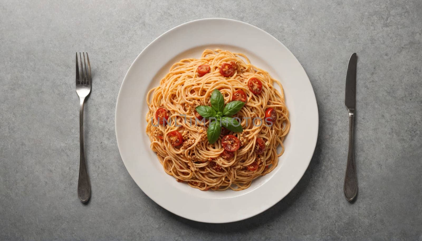 A white plate with a serving of spaghetti topped with cherry tomatoes and basil sits on a gray surface. A fork and a knife are placed on the surface, flanking the plate.