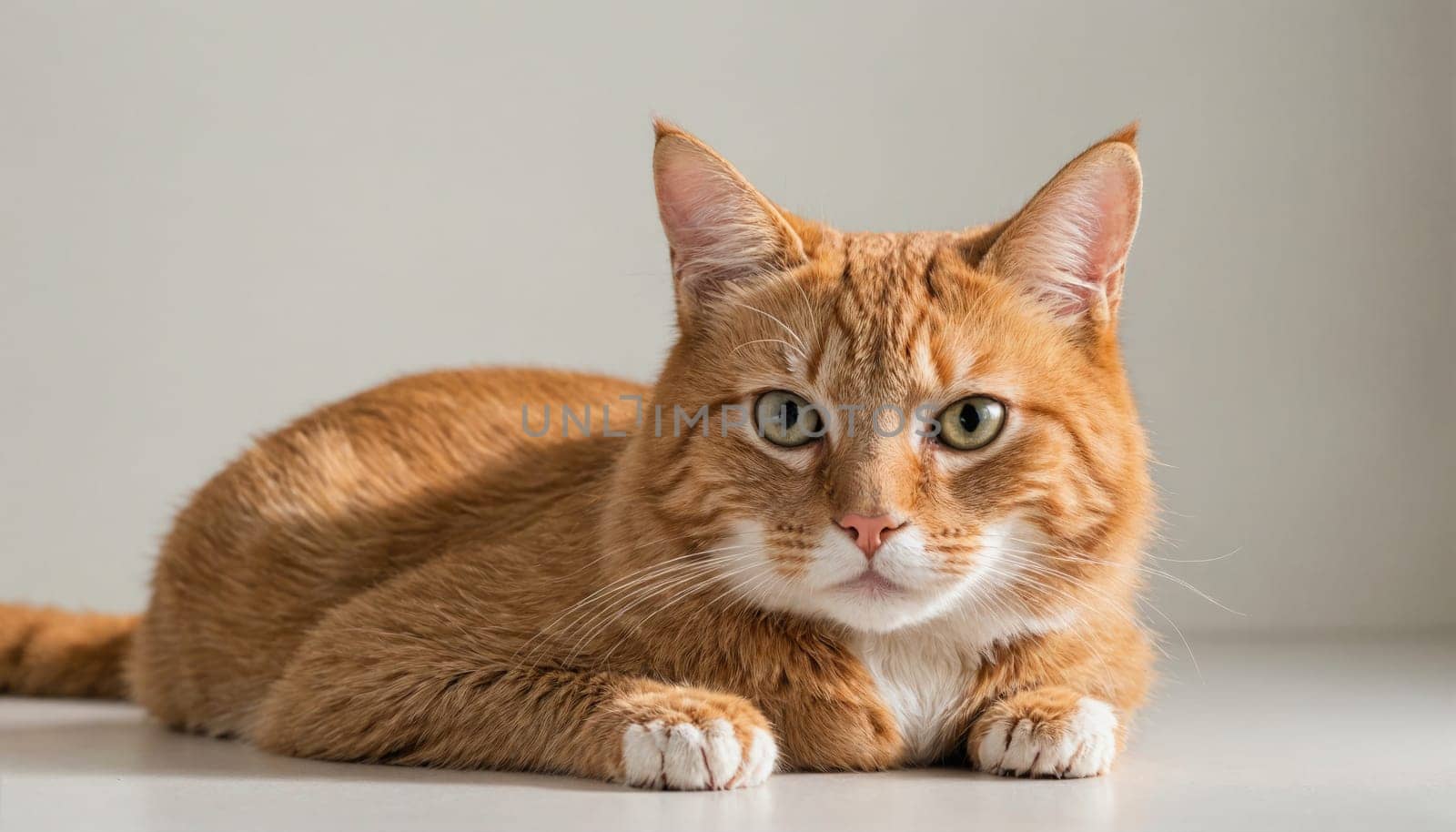 A ginger cat with white markings on its chest and paws lies on a white surface. The cat is looking directly at the camera, and its green eyes are wide open. It has a relaxed expression on its face.
