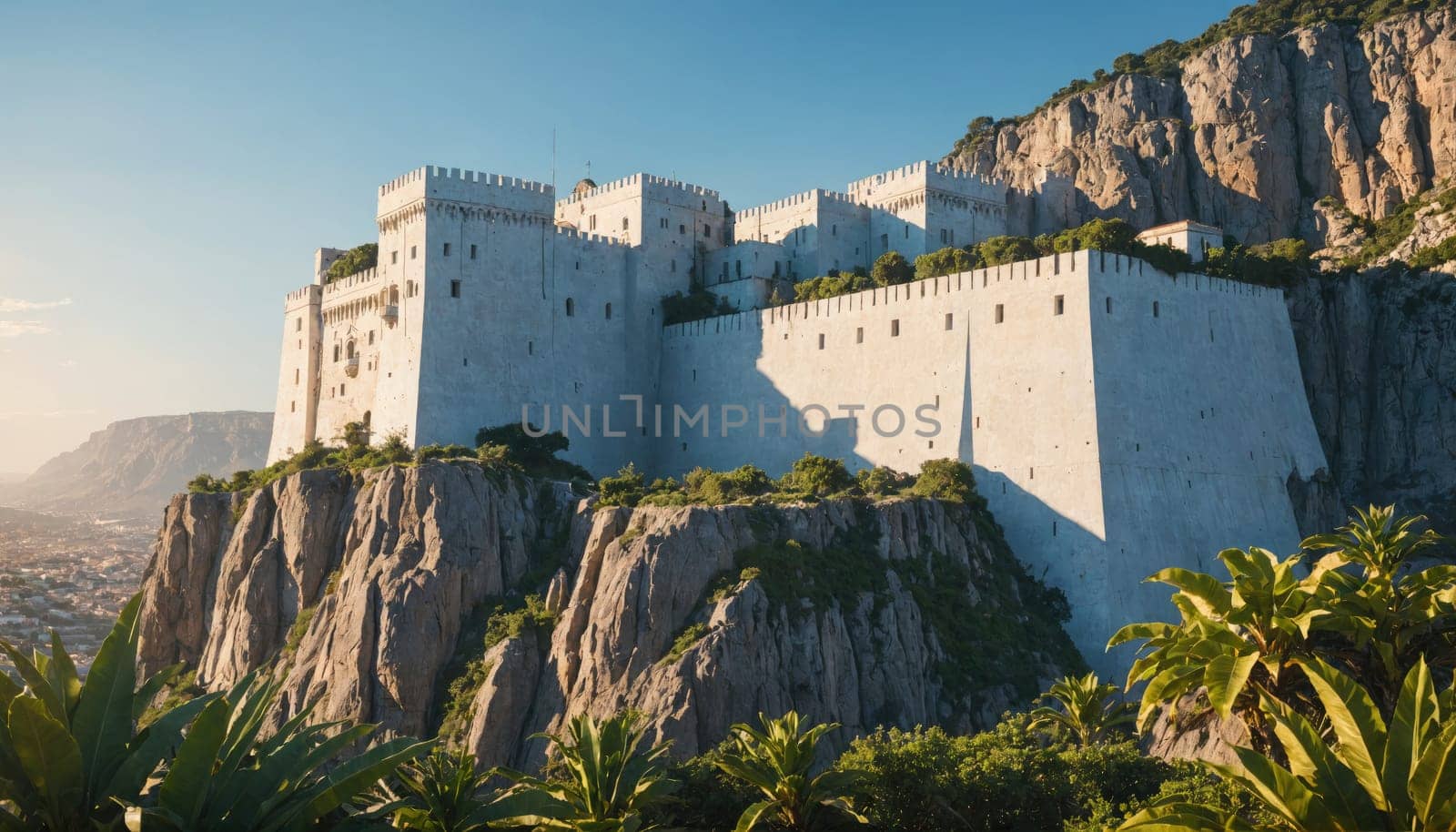 A large, white castle sits atop a rocky cliff overlooking a city. The castle is built into the cliff face, with its walls extending out over the edge.