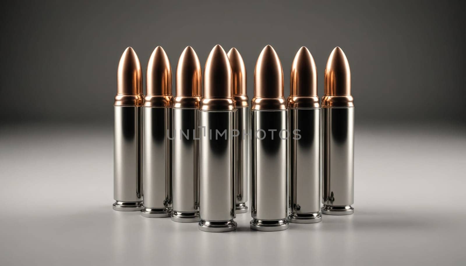 Nine silver and copper bullets are arranged in a semi-circle on a white surface. They are evenly spaced apart and appear to be brand new.