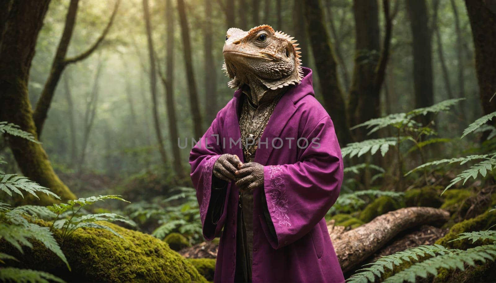 A lizard with a human-like face and body is dressed in a long, purple robe with gold accents. It is standing in a lush, green forest with ferns, moss, and tall trees.