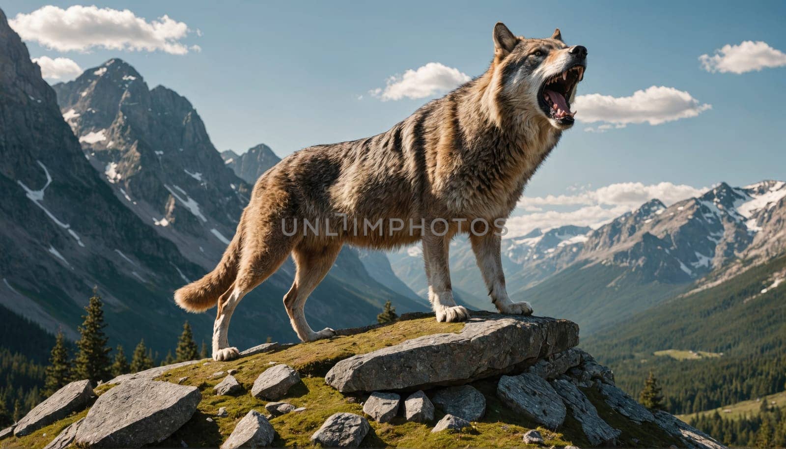 A wolf stands on a rocky outcrop overlooking a valley with mountains in the distance. It is howling with its mouth open wide.