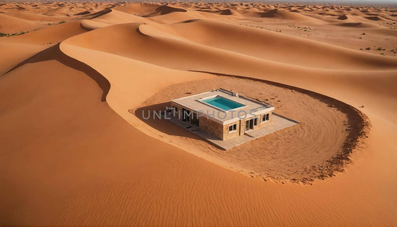 An aerial view of a small, single-story house with a rectangular pool on the roof. The house is built into a dip in a large sand dune.