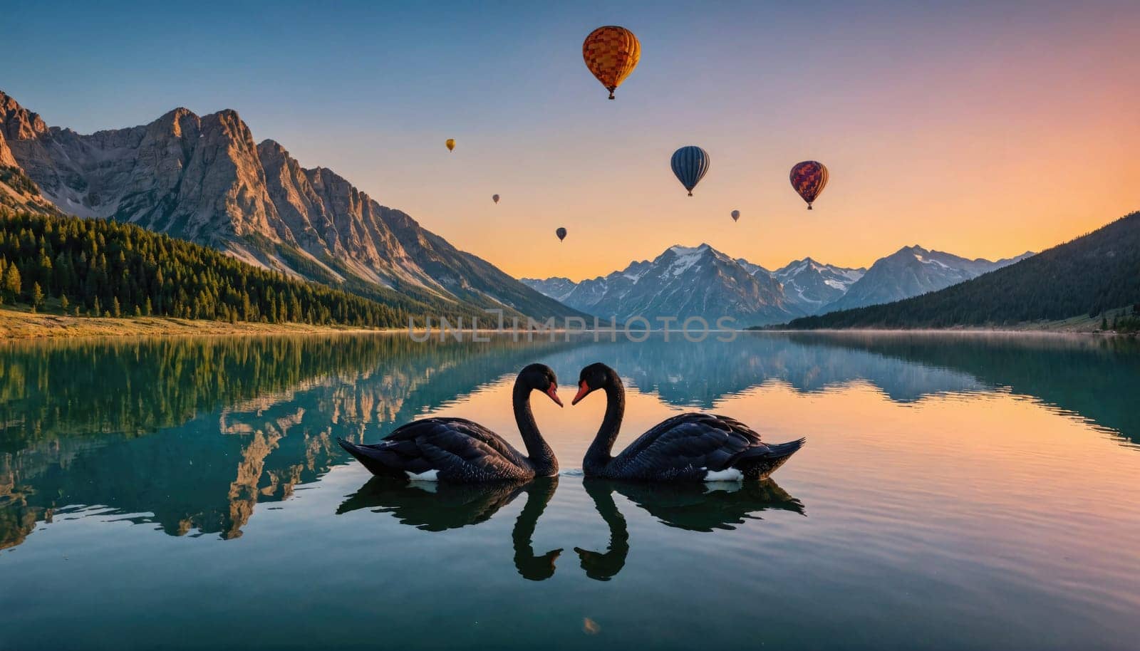 Two black swans with long, curved necks are swimming on a calm lake, their necks forming a heart shape.