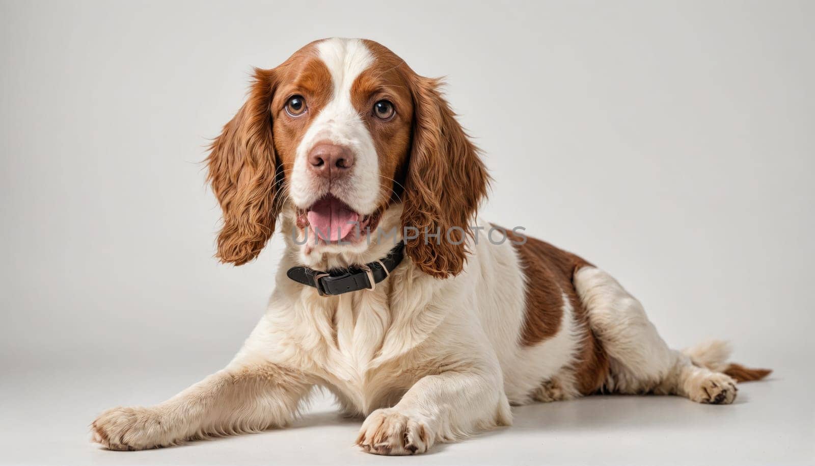 A white and brown dog with long brown ears is lying down and looking directly at the camera with its mouth slightly open. Its tongue is sticking out and it is wearing a black collar.