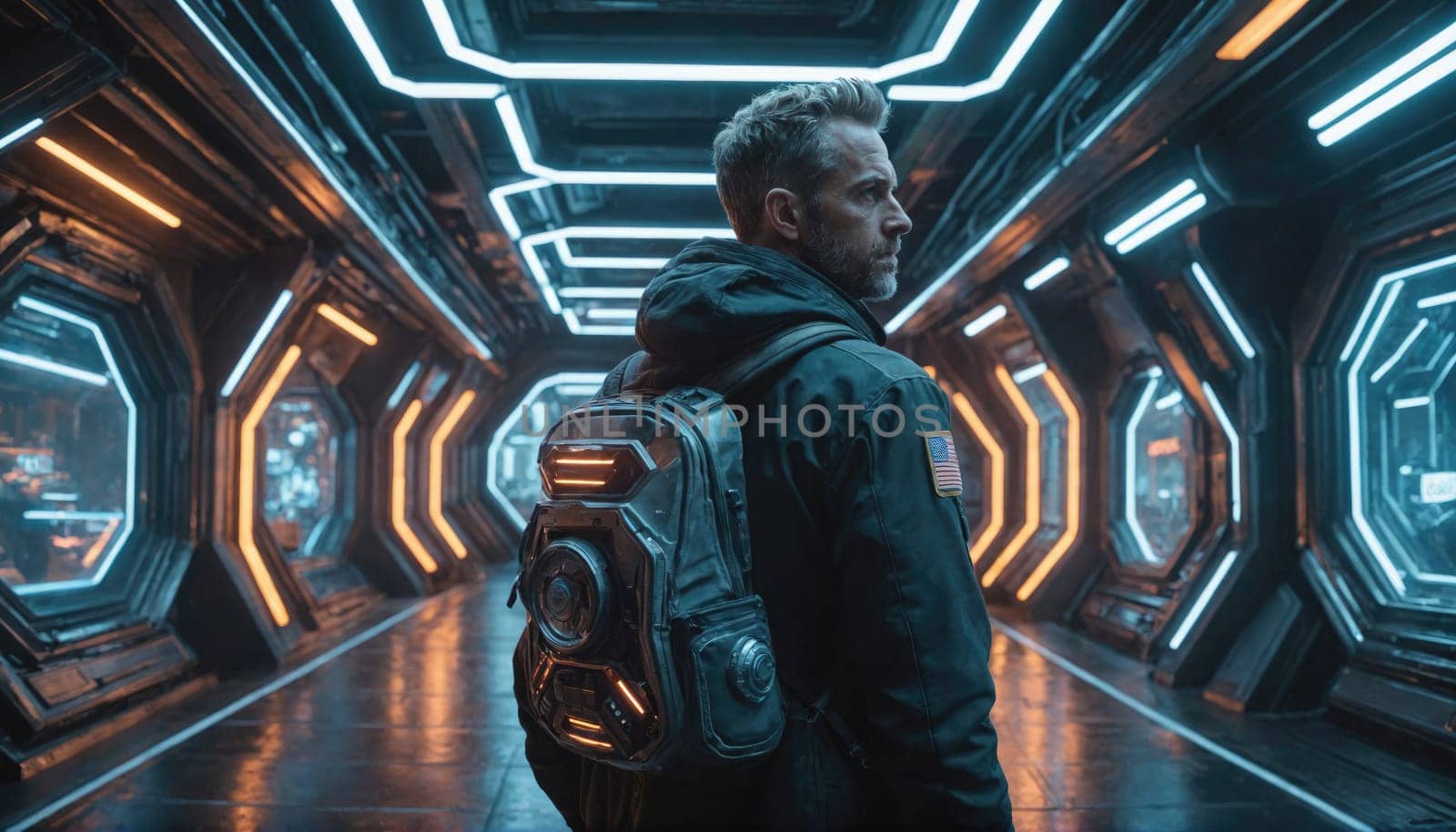 A man in a dark jacket walks through a corridor lined with octagonal windows and glowing orange and blue lights. The corridor appears to be a spaceship hallway with a sleek, metallic design.