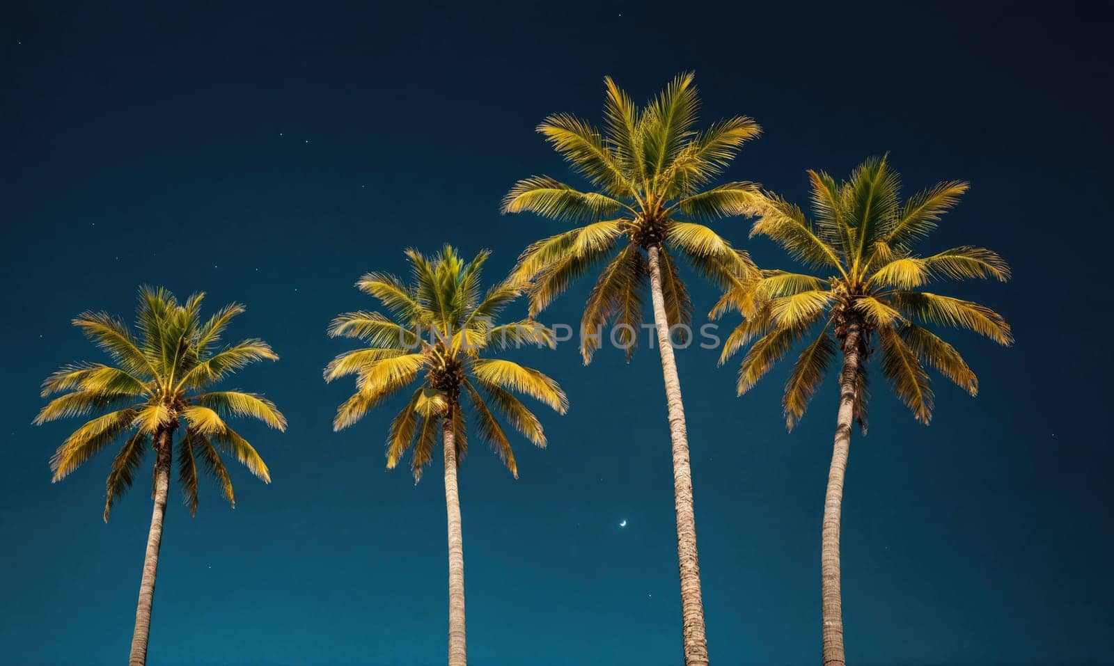 A low-angle shot of four palm trees with their trunks reaching toward a dark blue sky, dotted with stars. The leaves of the trees are a vibrant yellow-green and are silhouetted against the sky.