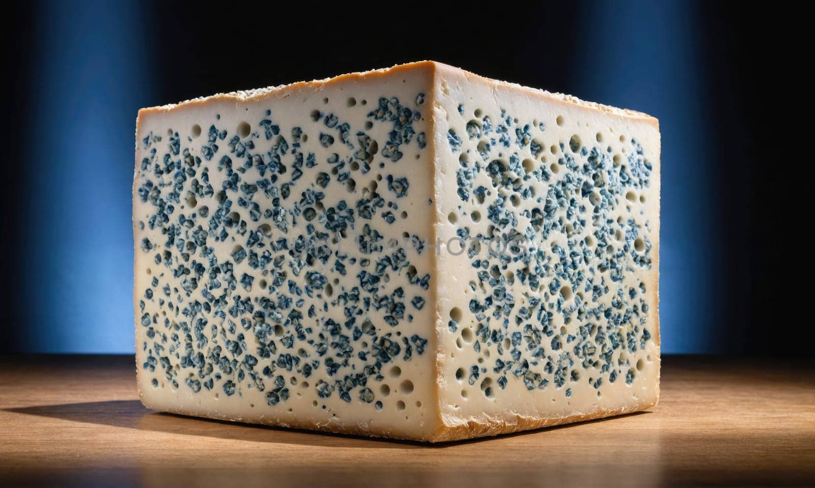 A large block of blue cheese is shown on a wooden surface. It has blue veins throughout and looks quite aged.