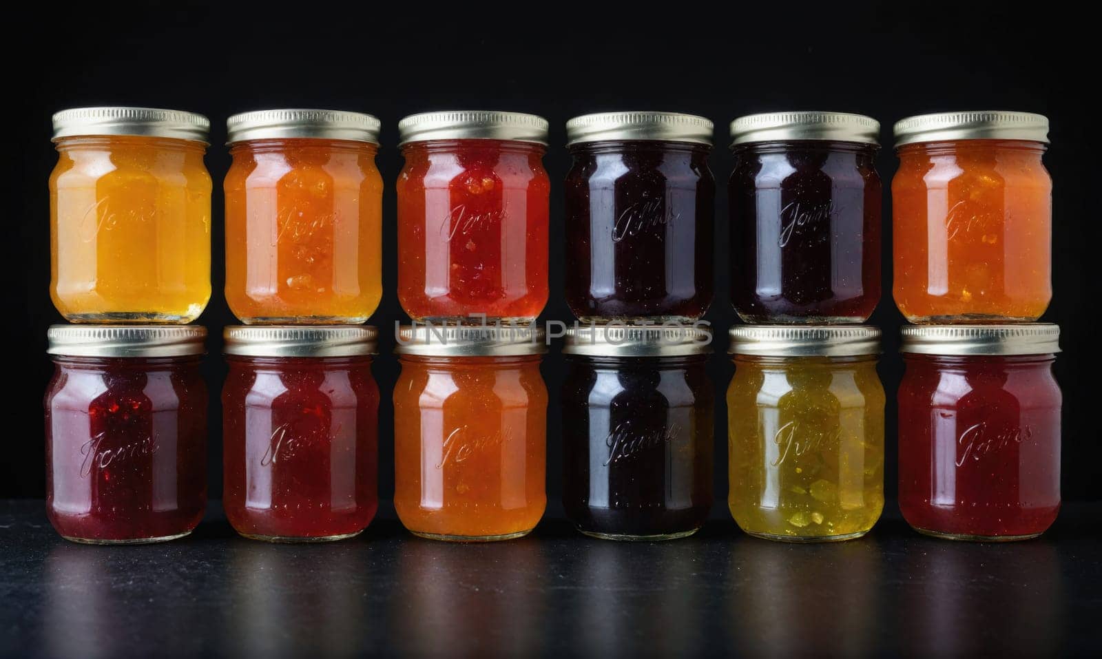 yellow, orange, red, purple, and green. The jars are on a black surface and a reflection of the jars can be seen on the surface.
