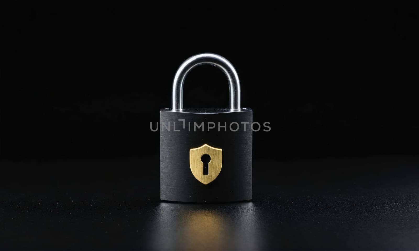 A black padlock with a gold shield sits on a dark surface. The padlock is closed and the shield is centered on the front of the padlock. The background is dark.