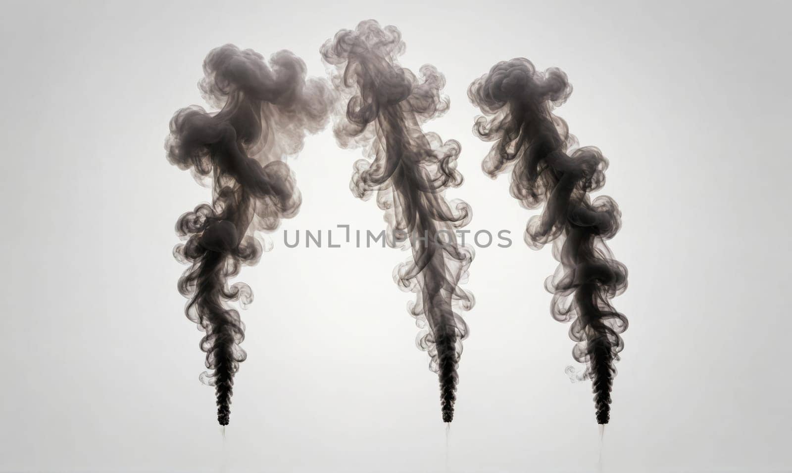 Three plumes of dark smoke rise vertically from a white surface, creating a visual pattern. The smoke is thick and swirling, and it is illuminated by a bright light source.