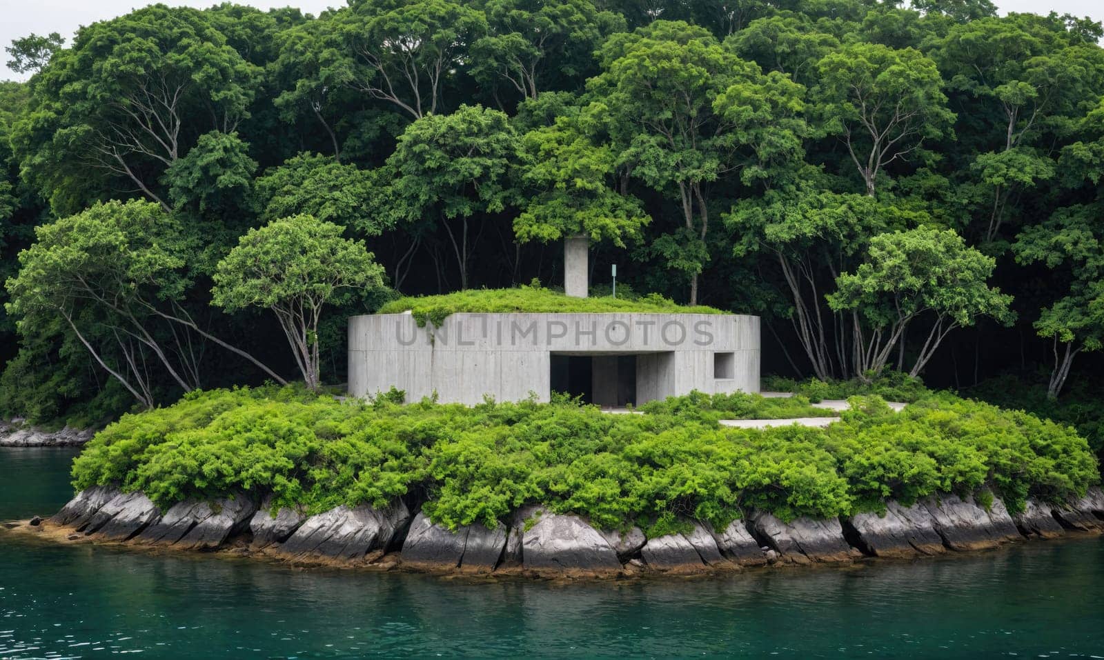 A concrete house with a grass roof is situated on a small island. The island is surrounded by a body of water and a dense forest.