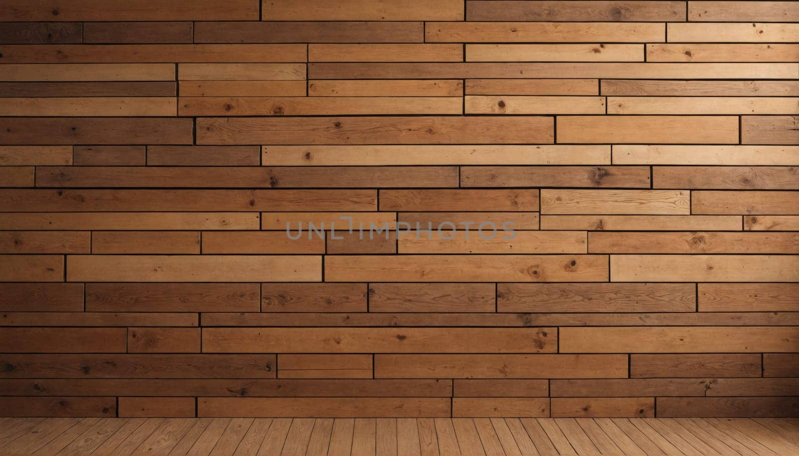 A wall composed of horizontal wood planks with various shades of brown. The planks are arranged in a staggered pattern. The floor is also made of wood.