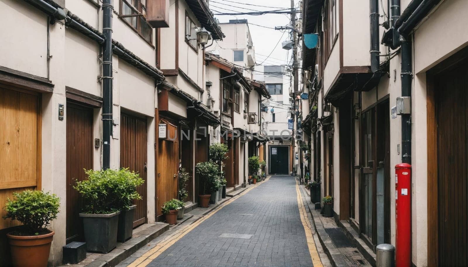 A narrow alleyway with tall, white buildings with dark brown doors and windows on either side. A small, potted plant sits in front of each building. The buildings are lined with power lines.